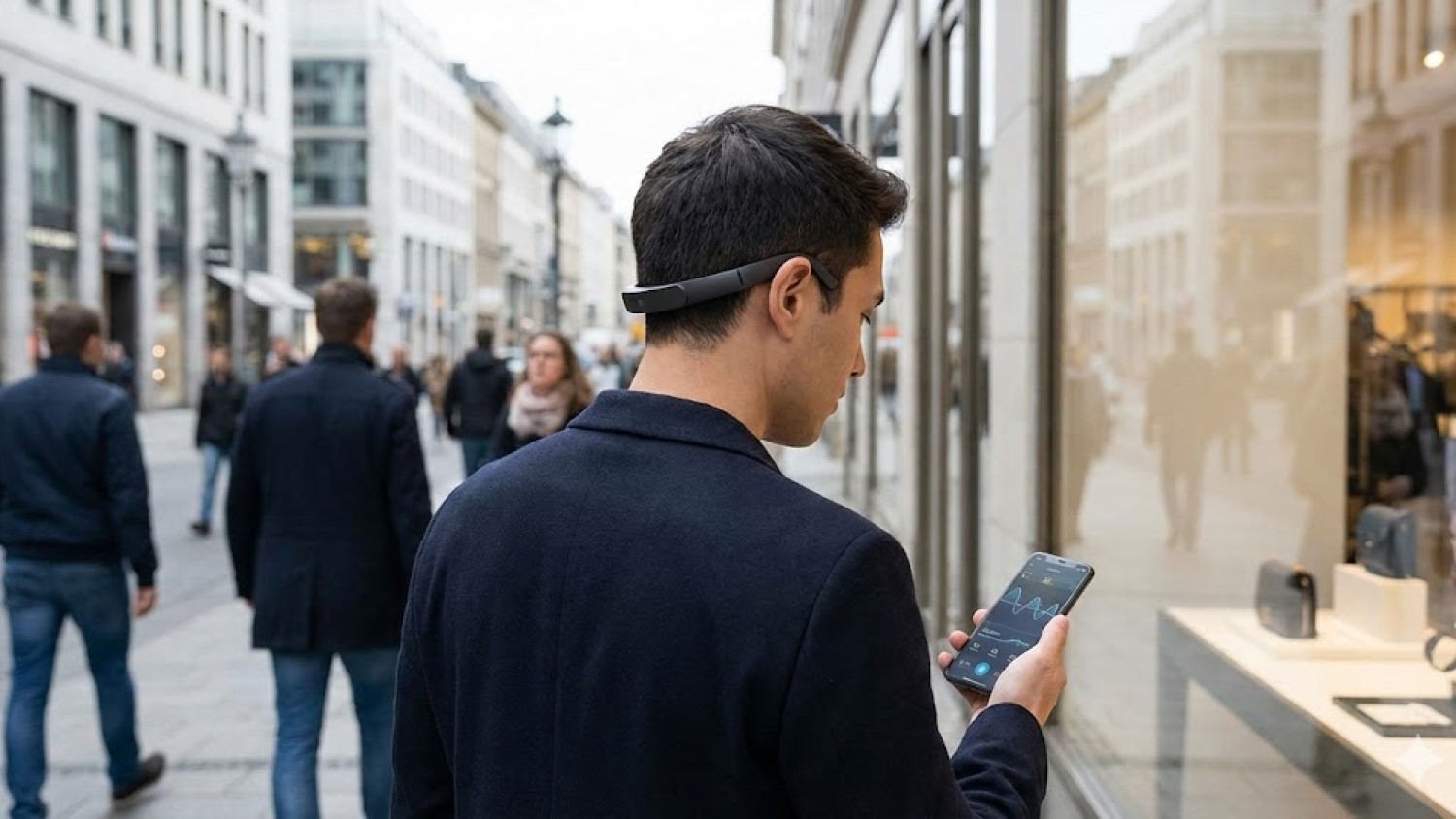 Man with headseat and mobile phone in his hand looks through a store window.