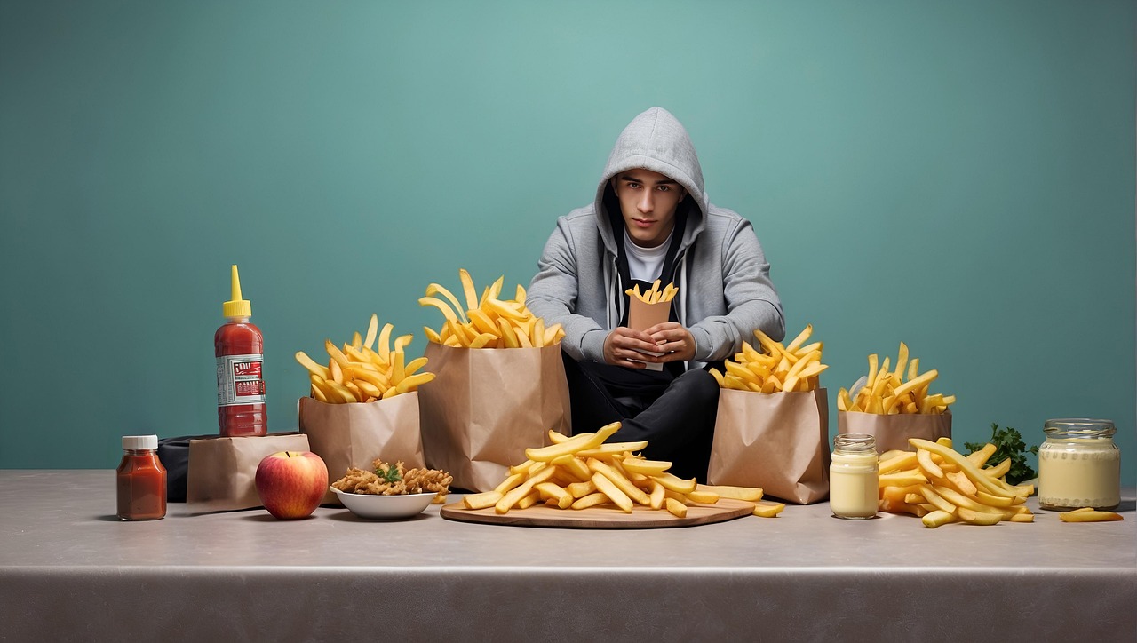Man with a lot of fries because he cannot get enough of them.