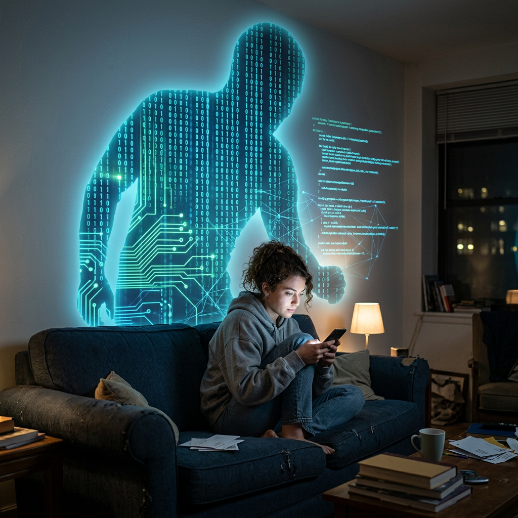 Young woman on phone with digital hacker silhouette and binary code behind