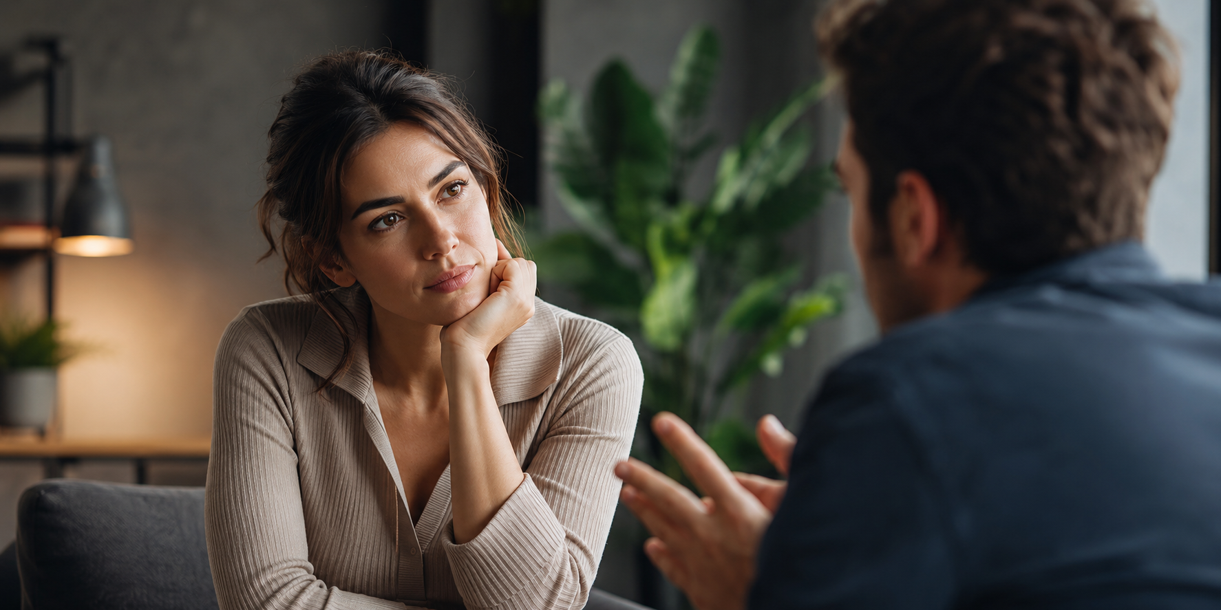 A thoughtful woman carefully listens to a man during a face-to-face conversation, illustrating attentive observation, active listening, and nonverbal communication.