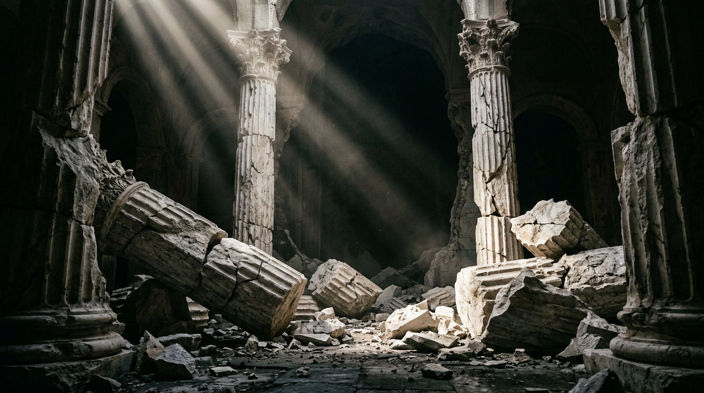 Sunlight shining on broken stone columns and rubble inside ancient ruins