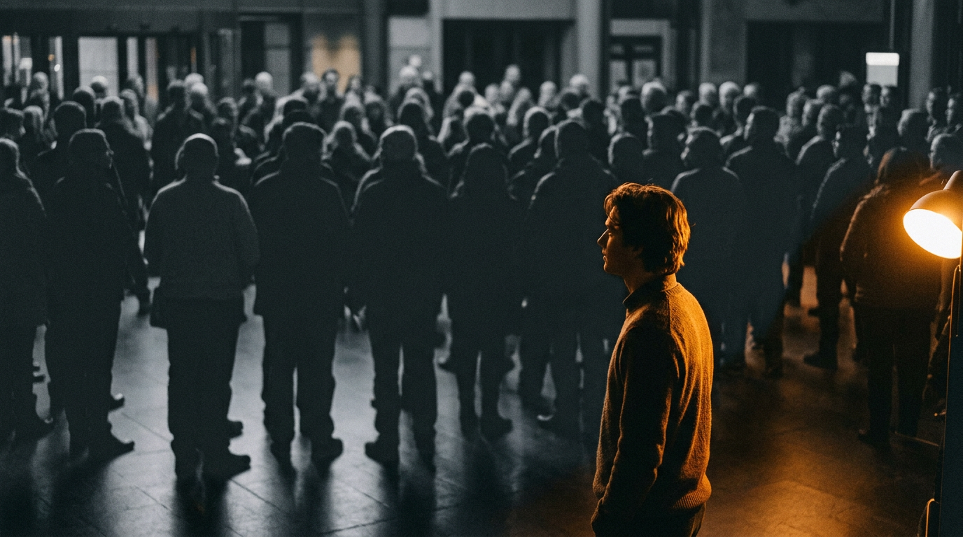 Young man lit by a warm light facing a large, dark crowd indoors