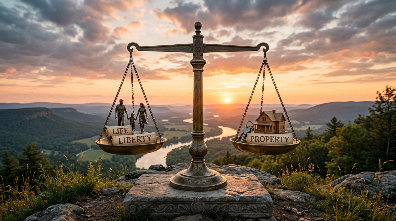 Scales weighing figures labeled life and liberty against a house labeled property