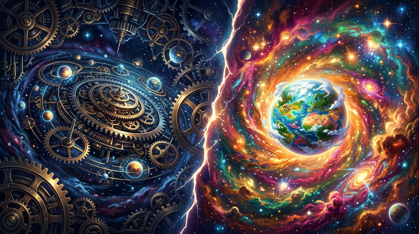 Planet Earth surrounded by colorful swirling galaxy and interconnected bronze gears with celestial bodies
