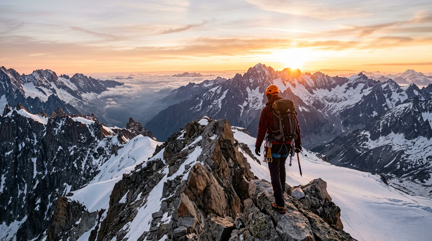 Climber in gear standing on rocky snowy ridge with sunrise over mountain range