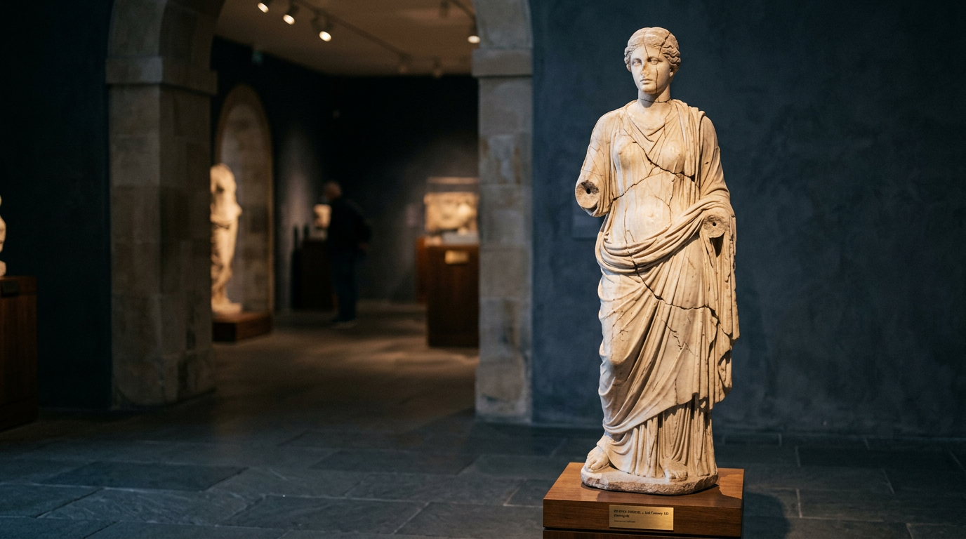 Classical marble statue of a draped female figure with missing arms in museum