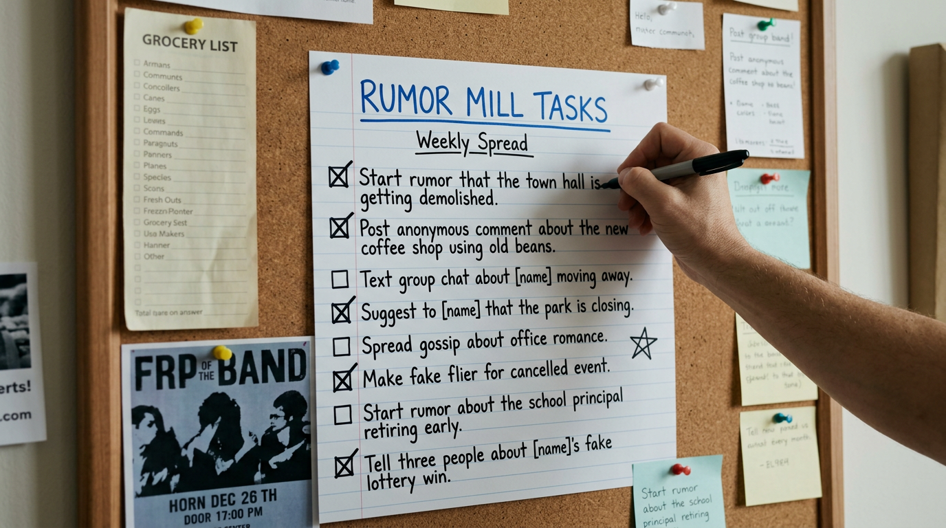 Hand marking completed tasks on a rumor mill task list pinned to bulletin board