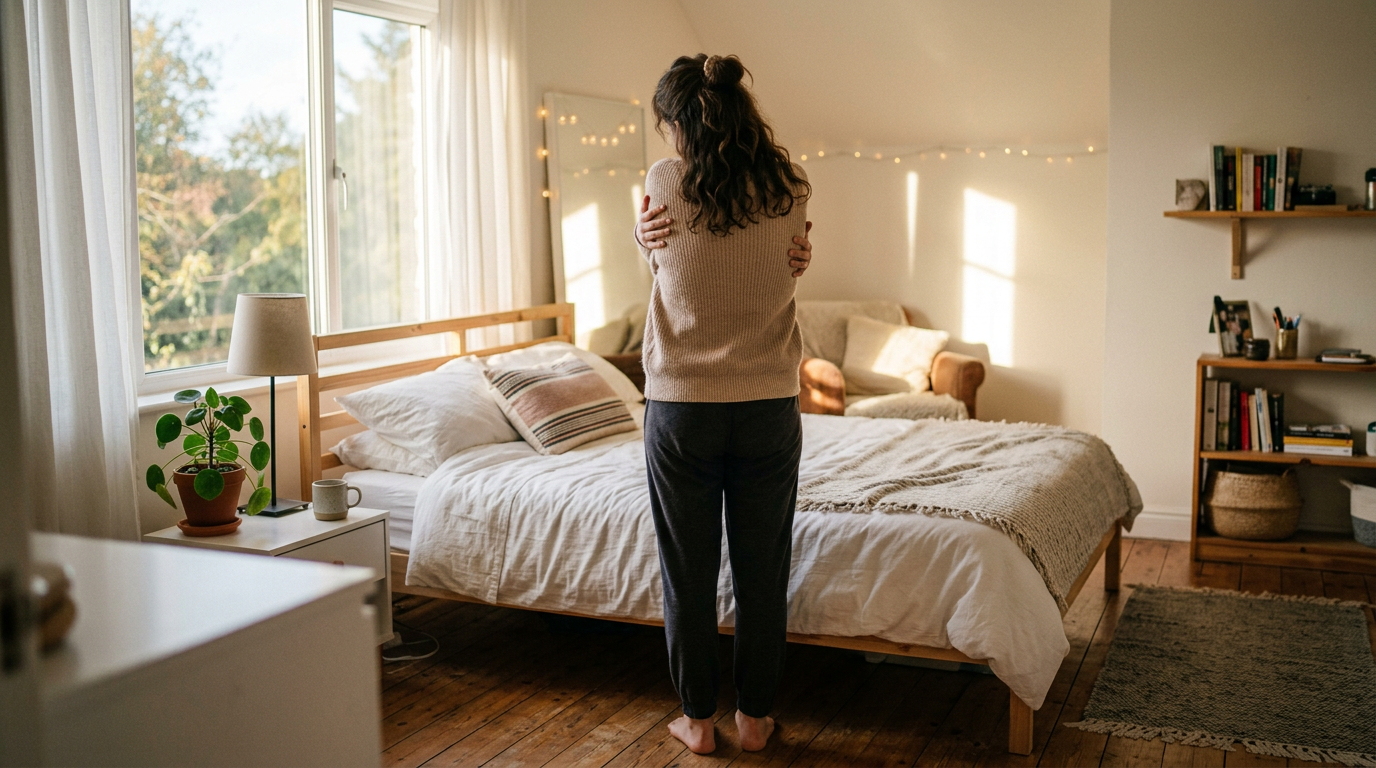 A woman standing barefoot hugging herself in a cozy bedroom with natural light and simple decor